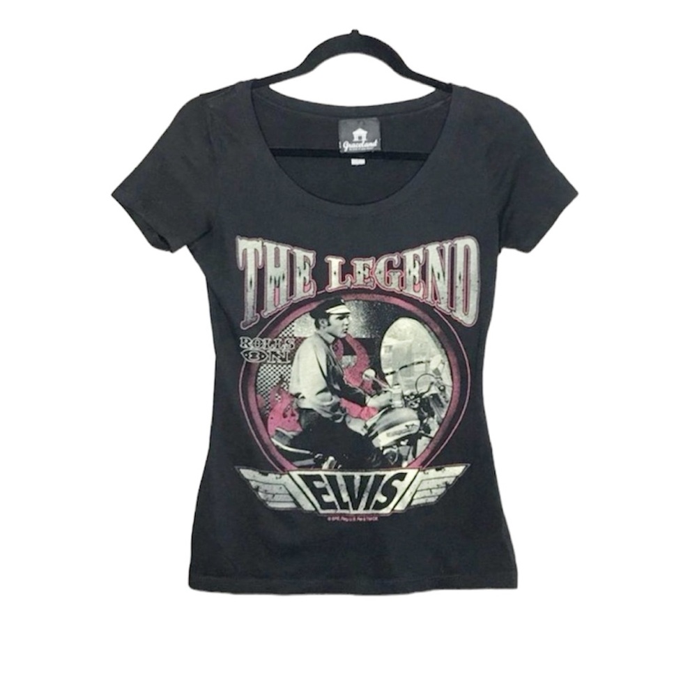 Graceland Elvis Motorcycle The Legend black scoop neck graphic tee